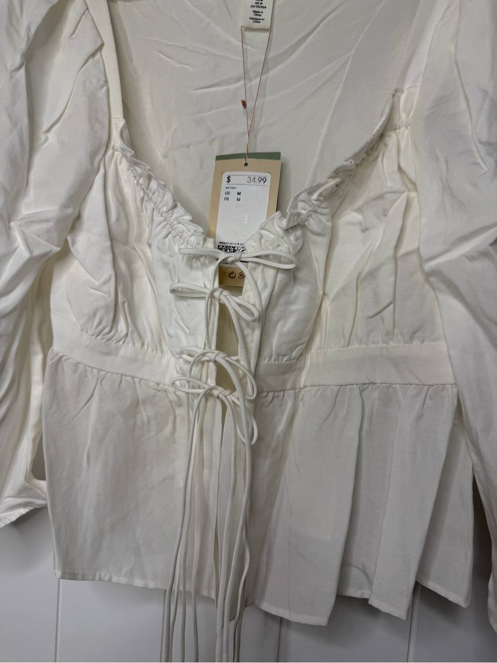 H&M White Lace-Up Peasant Chemise Top